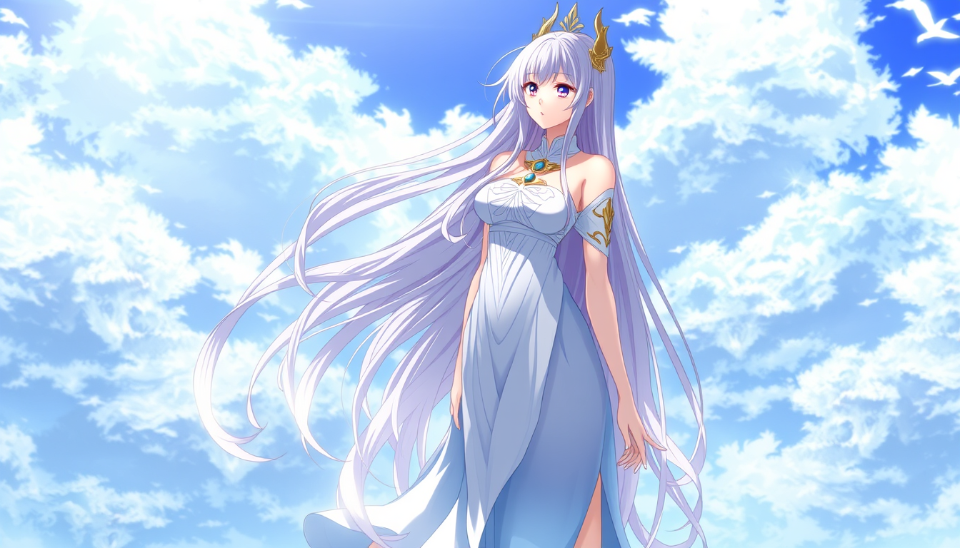 Anime art of a motherly goddess with long hair, natural reflection, detailed body, standing, wallpaper anime background, stunning details, anime artwork, illustration quality, windows wallpaper download.