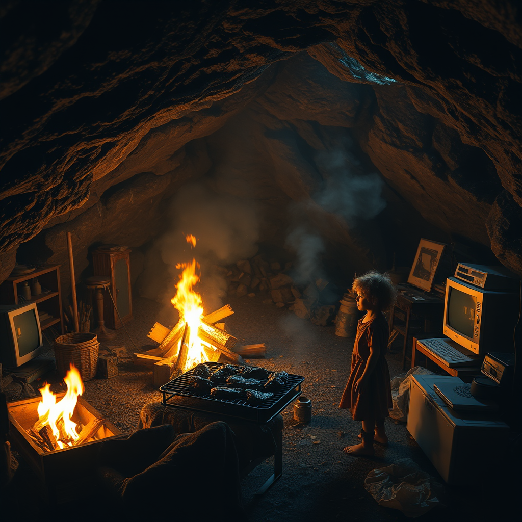 Real-life photography: At night, in the cave, there is a female barbarian and a child grilling meat. The cave is very large, with a bonfire, a 90s desktop computer, and some messy household items.