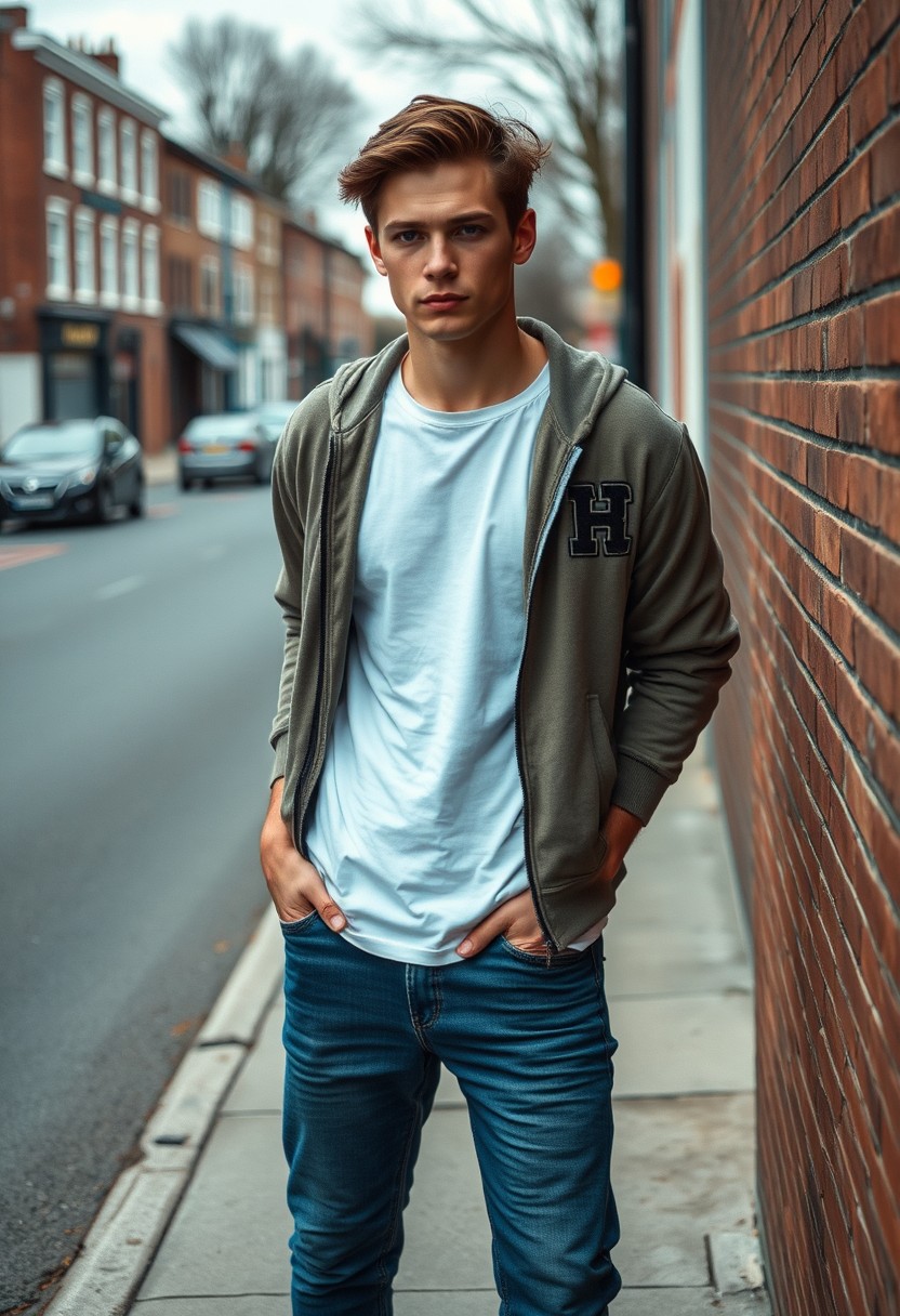 Jamie Dornan head and body shot, handsome, young, serious face, dark brown hair, white T-shirt, college jacket, skinny jeans, sneakers, standing hot style, flirting face, touching lips, near town road, hyper-realistic, street photography, brick wall, full body photo.