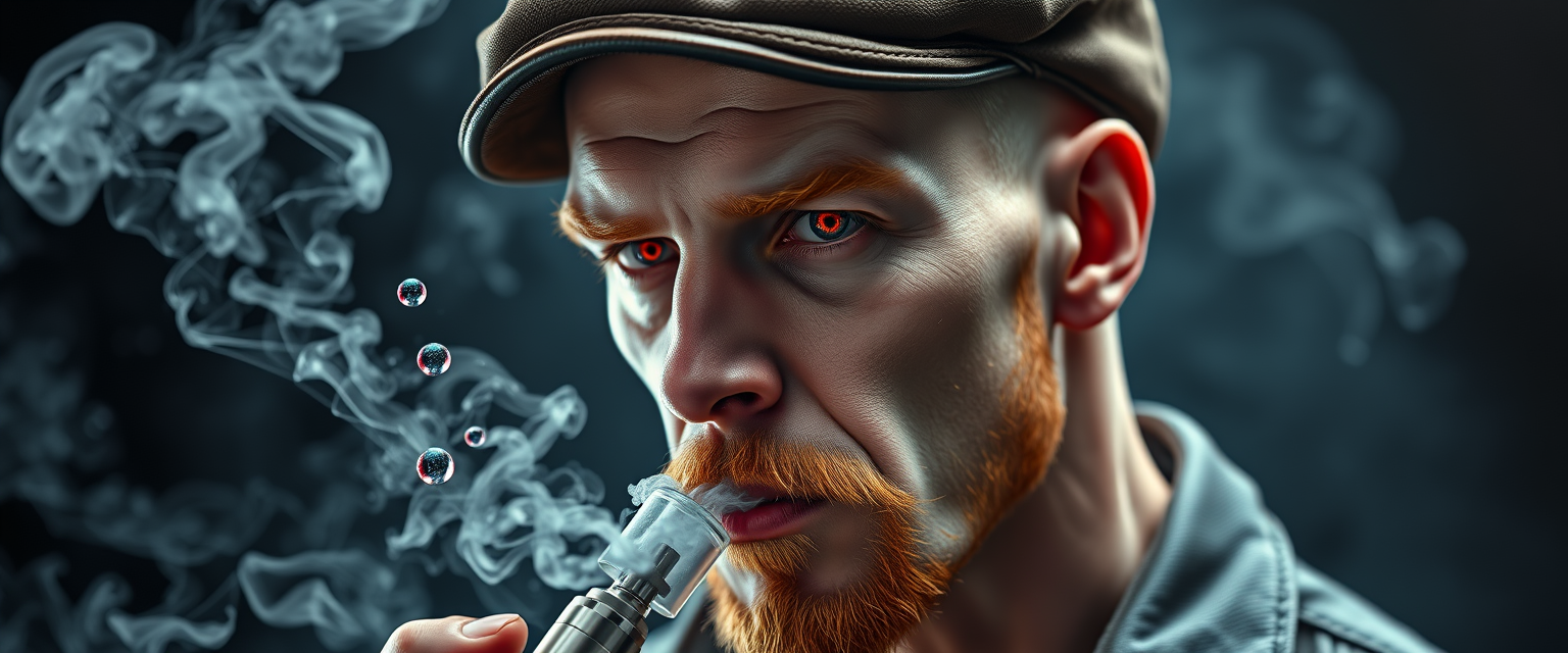 Hyper-realistic three-quarter portrait of a demonized white male, bald with meticulously detailed ginger stubble, donning a worn leather flatcap. Piercing red eyes gleam as he exhales dense, swirling vapor clouds from an intricately designed chrome vapemod. Iridescent e-liquid droplets suspended mid-air.