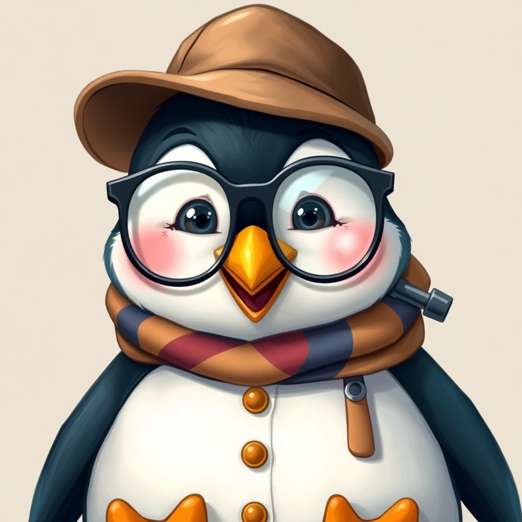 /imagine a friendly little chubby penguin with glasses, curious, wearing colorful clothes, a magnifying glass, a detective hat, and a suspicious expression.