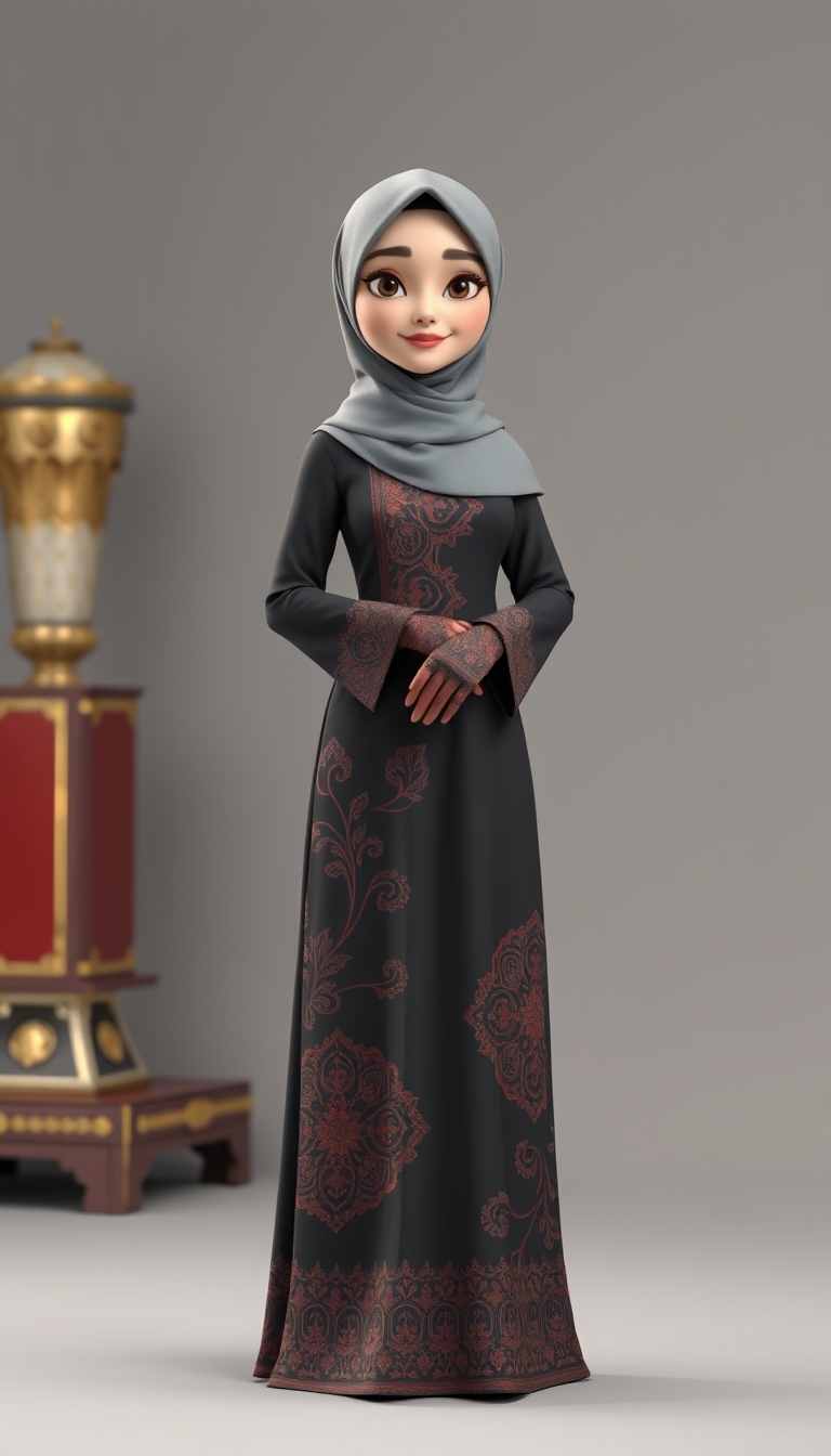 Create a 3D, 8K animated cartoon of a Muslim woman from Palembang wearing a long traditional songket dress. She should have her hands covered with batik gloves. The image should capture the elegance and cultural richness of the attire. - Image