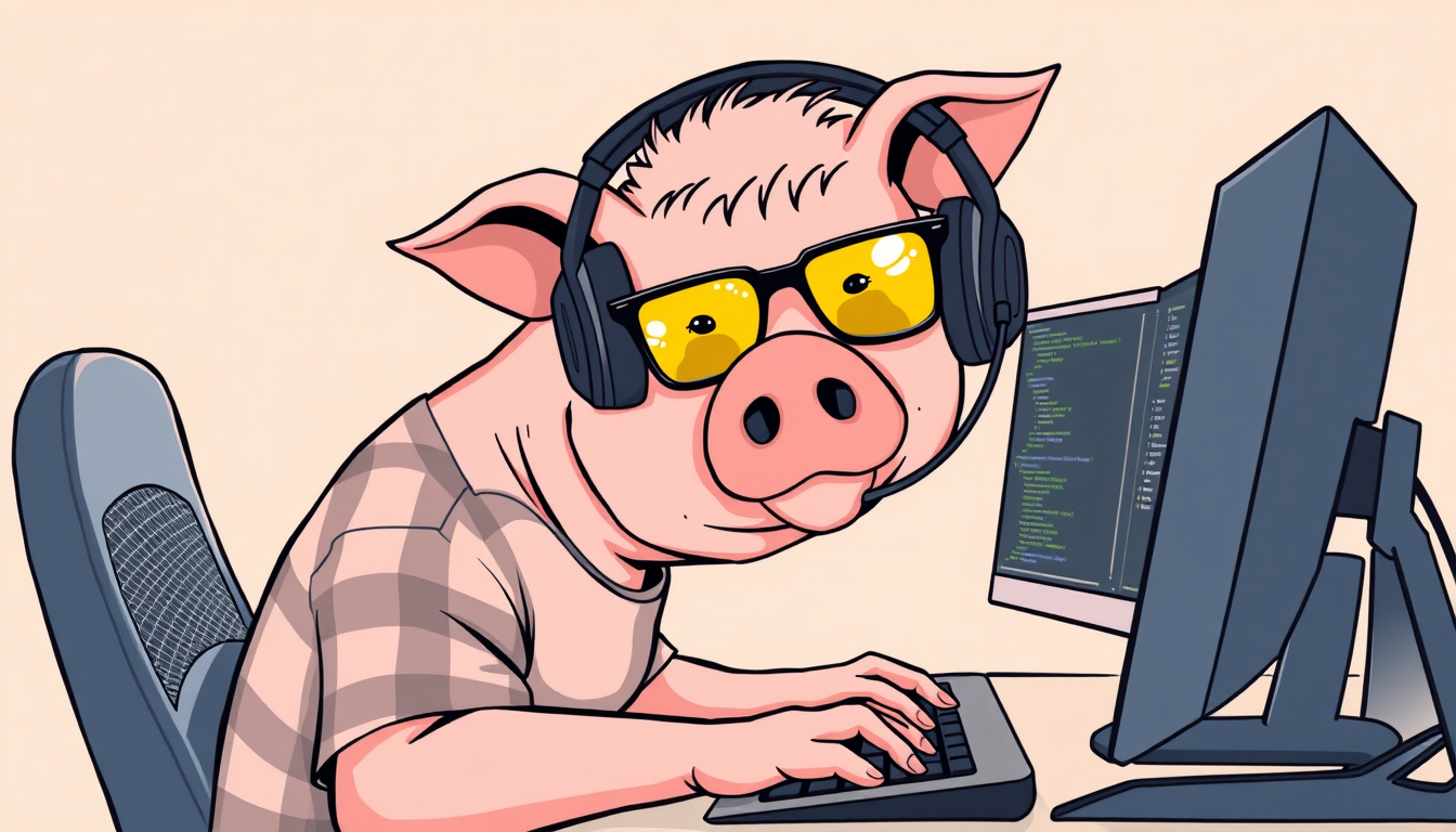 A tech-savvy pig coder, wearing yellow-tinted glasses and sleek noise-cancelling headphones, hunches over a cutting-edge multi-monitor setup. The anthropomorphic pig exudes focus, typing furiously. He is wearing a plaid t-shirt. - Image