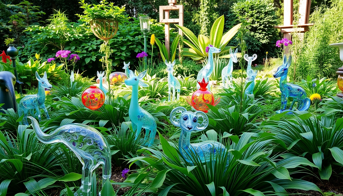 A serene garden with glass sculptures of various animals hidden among the plants.