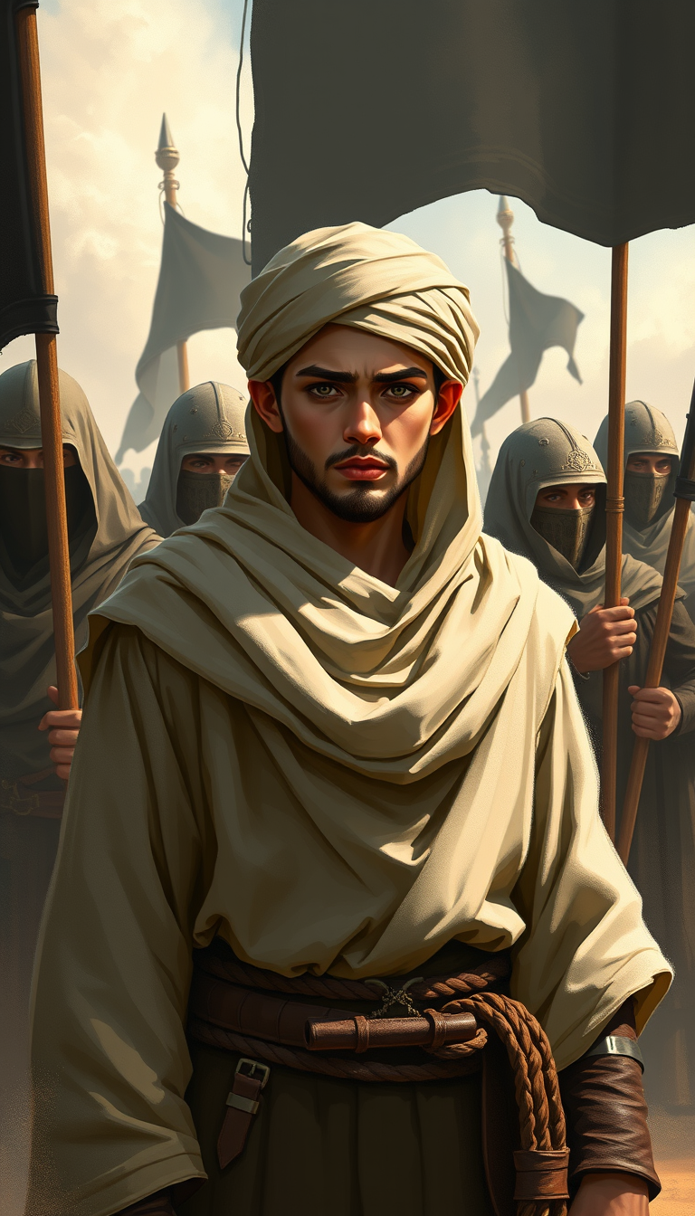 Digital painting of a young Muslim commander wearing modest biblical cloak-turban clothes, standing behind great Muslim warriors with a commanding expression. The medieval Muslim warriors are wearing veils and holding black banners, guarding him in open land. Soft shading, 2D style textures, airbrush shader.