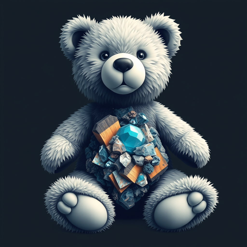 A tee shirt design of a teddy bear whose body is perfectly blended with a beautiful mineral.