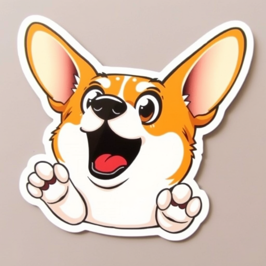 A corgi dog with wide-open eyes and an open mouth, its paws raised in a gesture of surprise. This sticker can be used to express astonishment or shock at something unexpected.