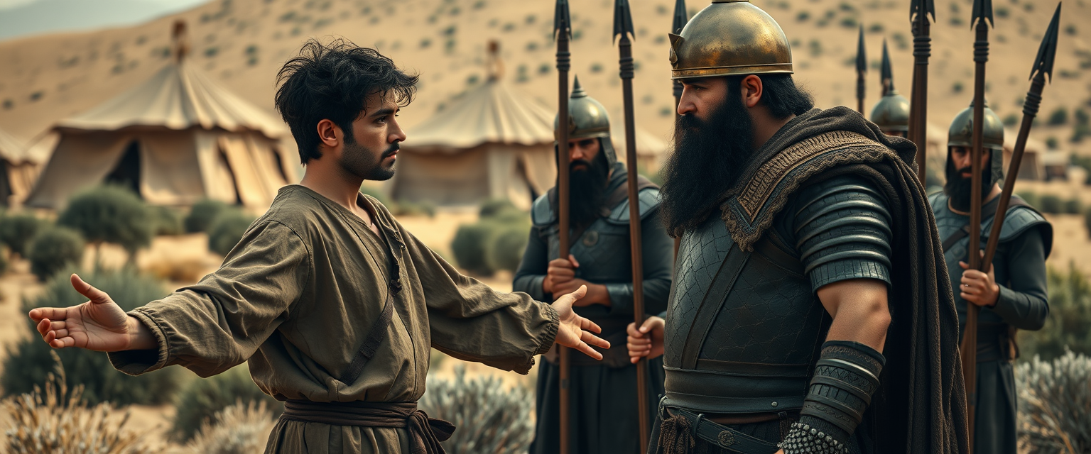 Create a scene of two men standing apart and arguing while four spearmen are gathered next to the man on the left. The man on the right is dressed in a simple shepherd's tunic; he is a young Jewish man with his arms stretched out to the sides, looking shocked. He has dark, messy, unkempt hair and a beard, and he is staring sternly at the left eye of the other man. The man on the left is a middle-aged Jew with a black Jewish beard, wearing a full suit of biblical-era leather lamellar armor and a brass conical helmet with a pointed tip. In the background, Arabic army tents are pitched on desert shrub land. The overall mood of the image is one of anxiety and concern. - Image