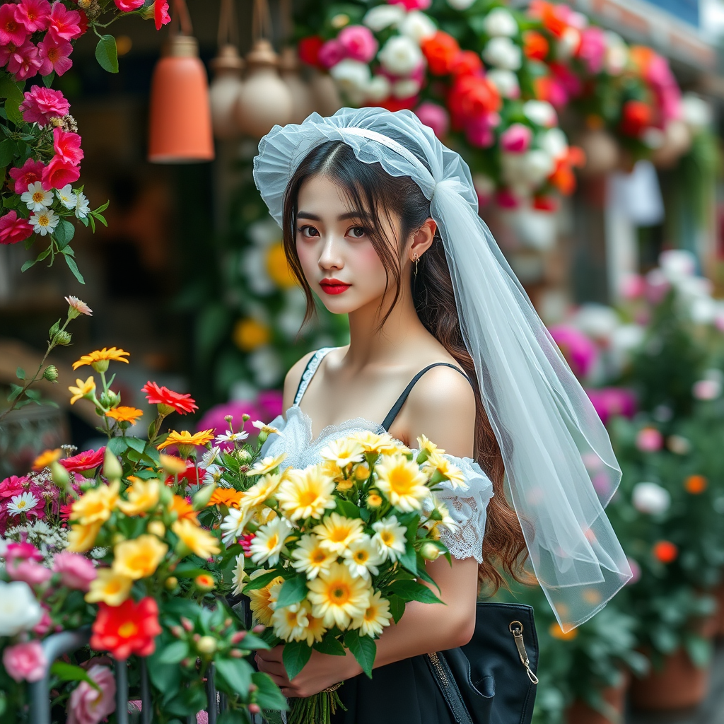 ((best quality)),((masterpiece)),(high quality:1.1),(photography:1.1),(wallpaper:1.1),full_detail,4k,HDR,(1girl:1.1),beautiful,full body,outdoors,flowering shrubs,flower shop - Image