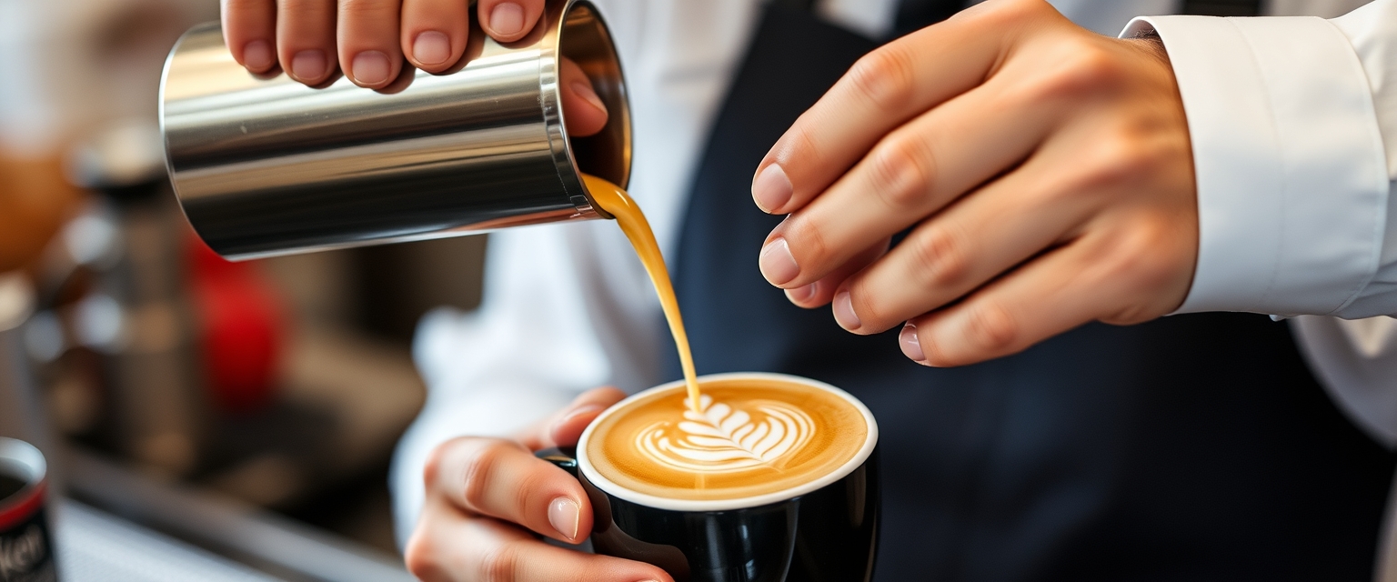 Barista pouring latte art into a coffee cup, highlighting the skill and artistry in coffee making. - Image