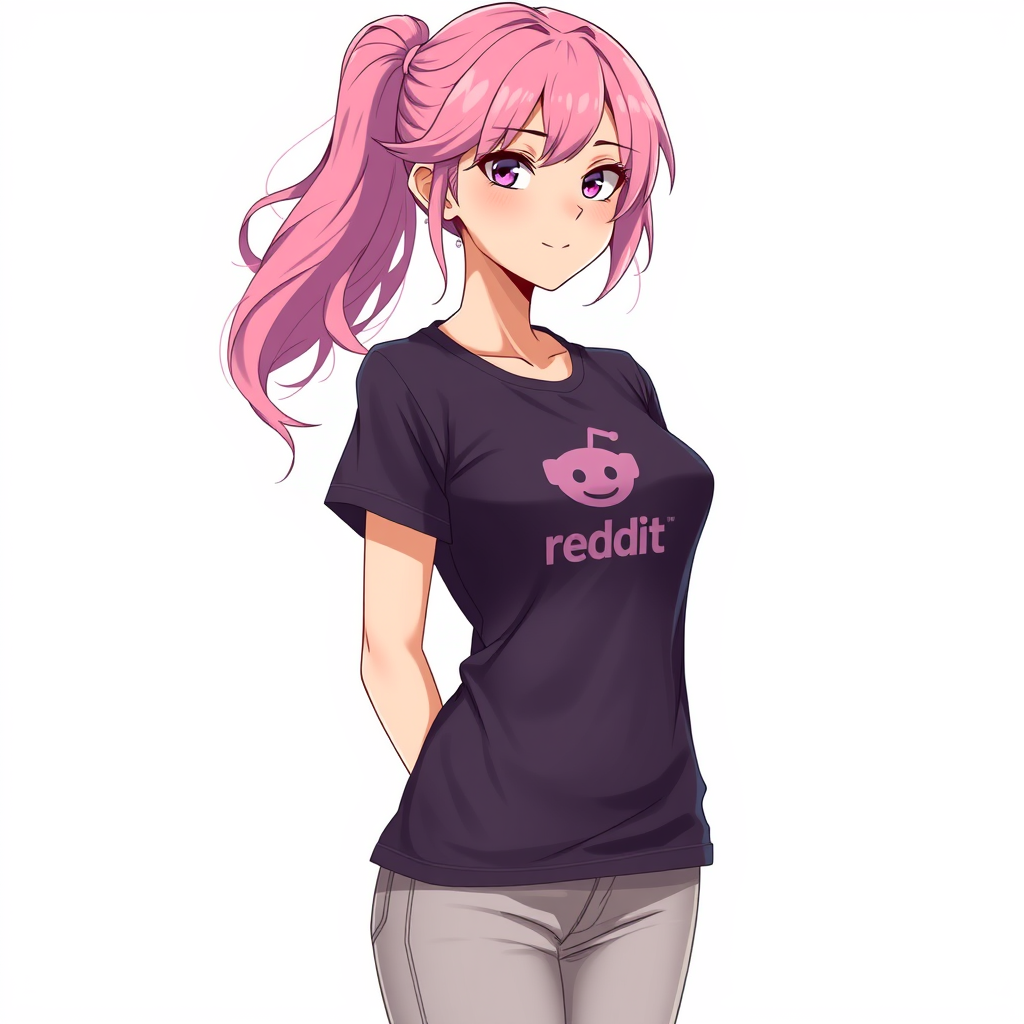 Anime art of a motherly woman, full body, pink hair, reddit t-shirt, detailed body, standing, white background, stunning details, trending on artstation, anime artwork, anime cel shading, detailed soft shadows. - Image