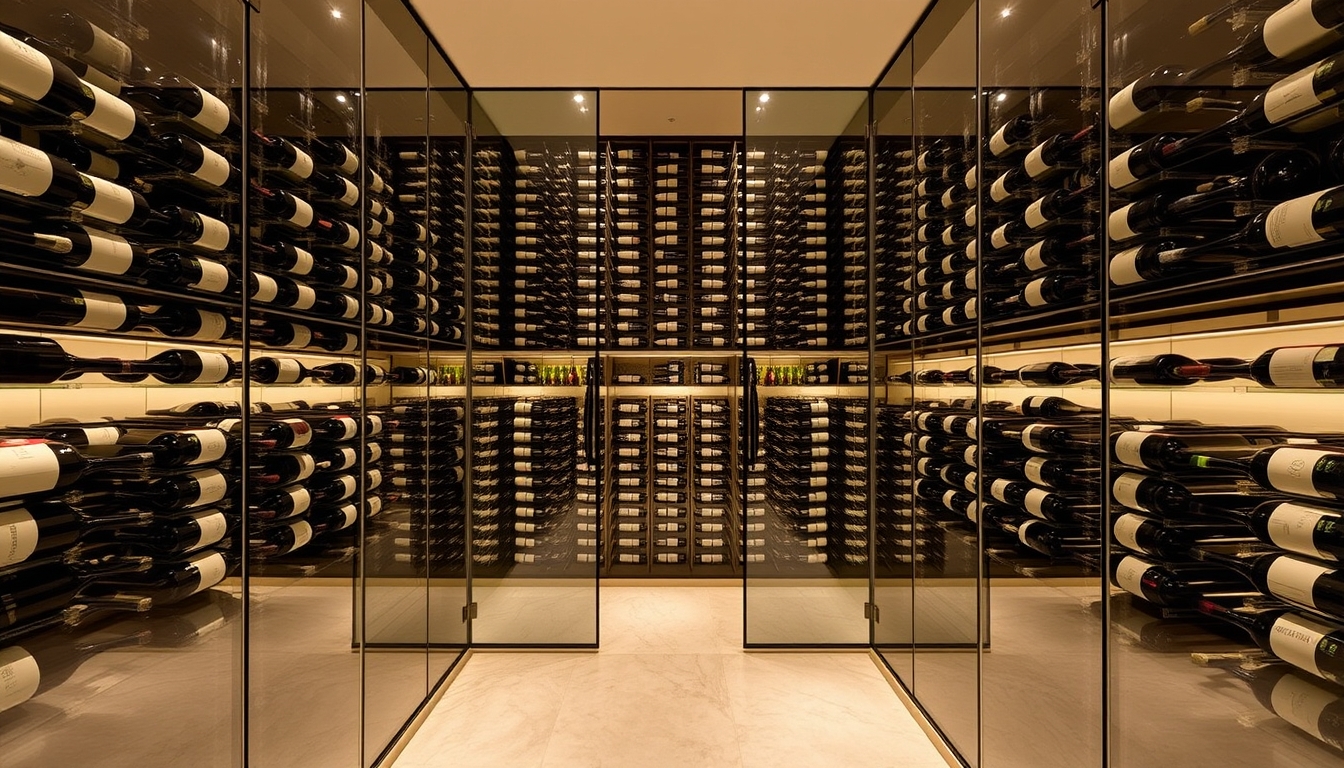 A sophisticated wine cellar with glass walls, showcasing a vast collection of bottles.