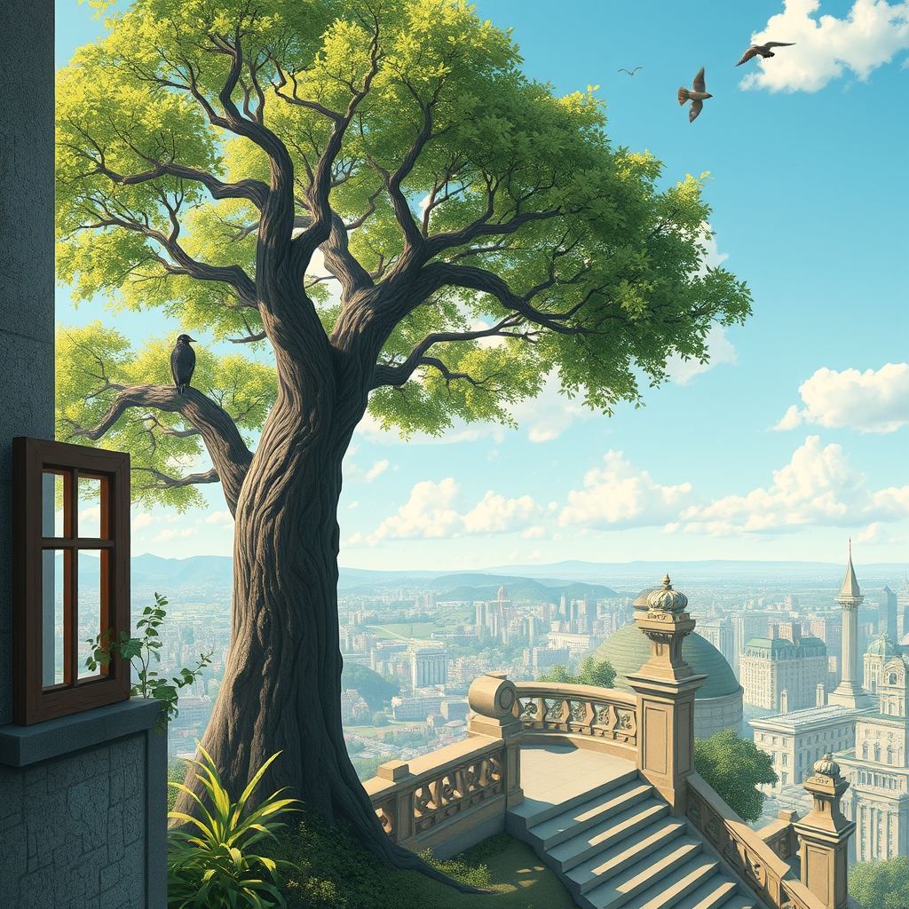 XUER Kingdom of Heaven, outdoors, tree, no humans, window, bird, plant, building, scenery, stairs, city, pillar. - Image