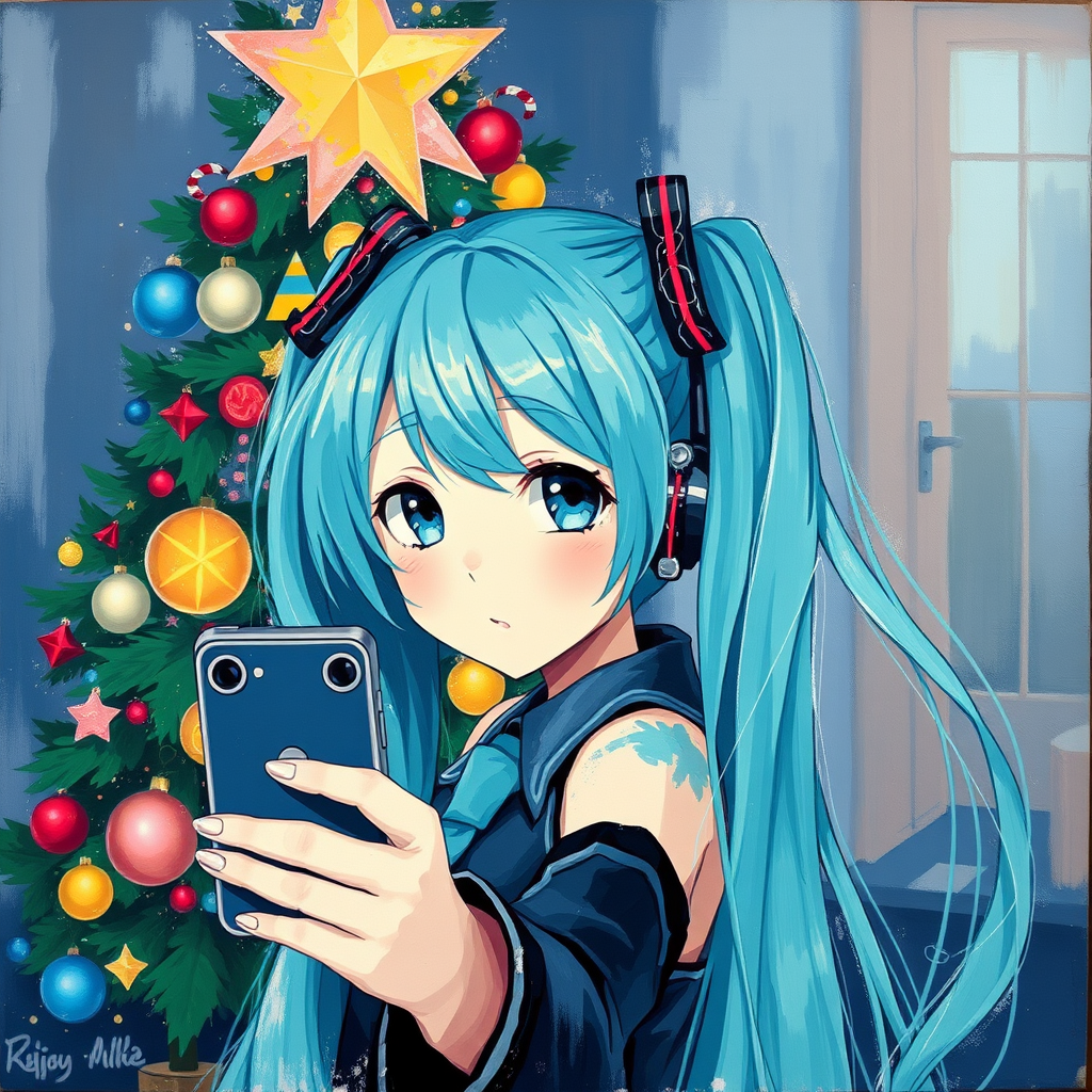 Abstract oil painting of Hatsune Miku selfie in front of Christmas tree, pastel colors splash.