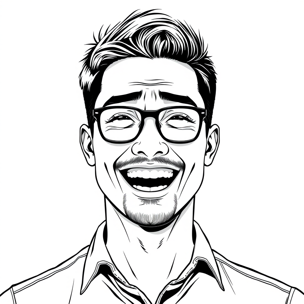 A cool black and white line drawing of a man around 35 years old, with short hair, Asian features, wearing black rimmed glasses for nearsightedness, a slightly short beard on his chin, dressed in a shirt, his face is full with defined features, athletic build, clean and fresh skin, crying tears of joy and laughing heartily after winning. - Image