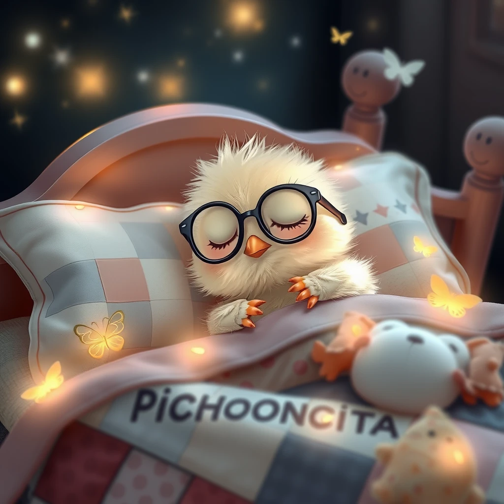 It's nighttime. A delicate, sweet, soft, tender, fragile Kawaii chick, wearing glasses, rests its head on the pillow, deeply asleep in its precious little bed with tiny jingles, fluttering, soft-colored lights, childlike details that have the name PICHONCITA written on it, surrounded by patchwork blankets, little butterflies, and its cute stuffed toys. Photography.