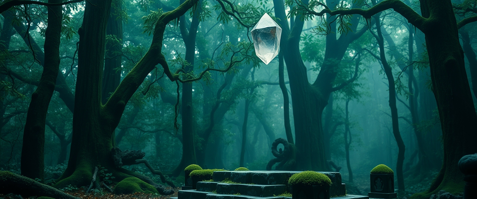 A shimmering crystal floating above an ancient, moss-covered stone altar in a dense, enchanted forest.