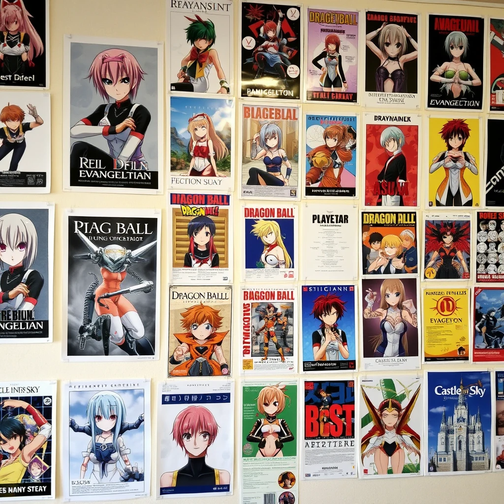 "A wall covered with many posters, including posters of the famous anime character Rei Ayanami, posters of Neon Genesis Evangelion, posters of Dragon Ball, posters of Asuka, and posters of Castle in the Sky."