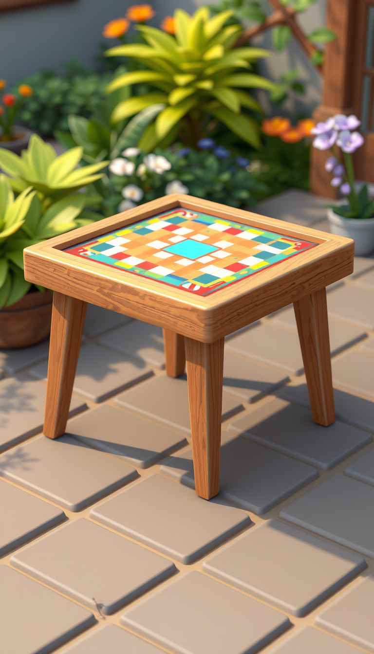 The image presents a 3D rendering of a table. The game table, made of wood, is the central focus of the image. It is a square table with legs, the top has a multicolor border and the middle part is aqua blue. The background is a garden, and the overall mood is playful, suitable for digital game art. - Image