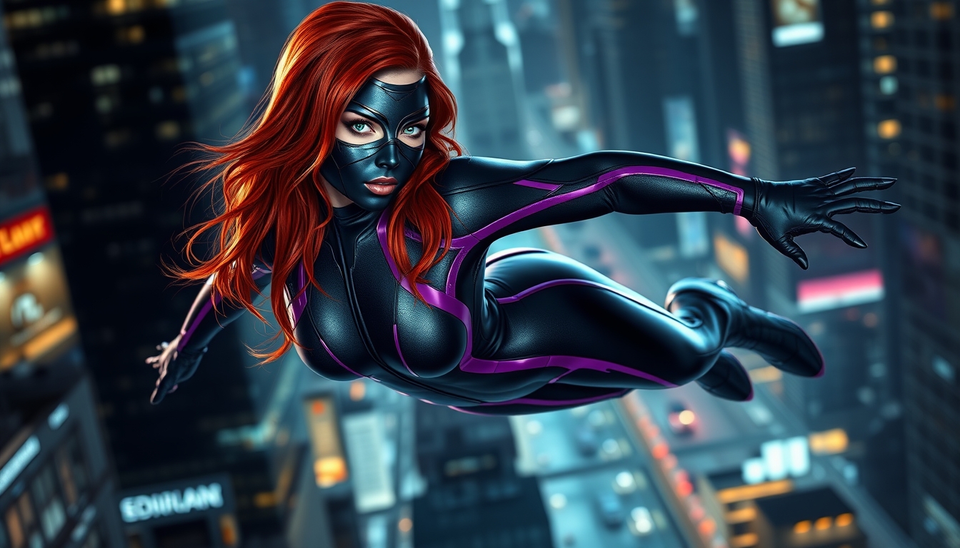 I used Flux AI Image Generator to create this image of a woman with red hair and green eyes. She's wearing a skin-tight black and purple spandex suit. The suit has a high collar and long sleeves. She's wearing a full black metallic mask and gliding through the air. We can see every detail of her outfit from head to toe, including her boots. The background is a futuristic city. I love this image; it's like something out of a fantasy movie. nighttime. - Image