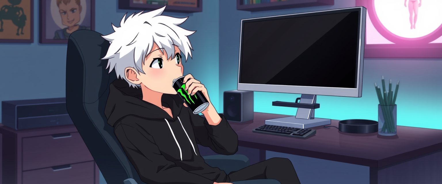 "Animated gamer room with a boy with white hair and a black hoodie sitting in a gaming chair while drinking a Monster energy drink and watching his two monitors with black screens." - Image