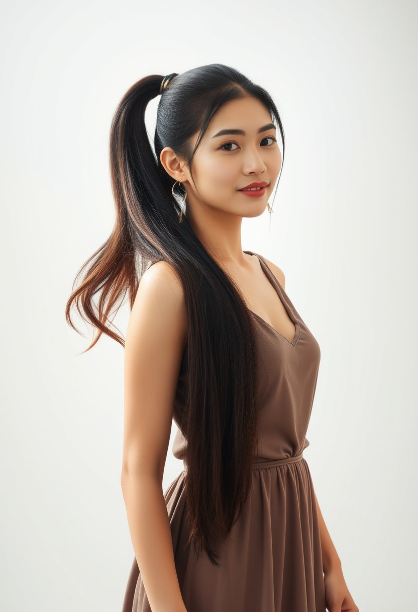 Create a real photo in a realistic photo style, depicting a 35-year-old Asian woman with her hair tied into a ponytail, her beautiful body, and indoor lighting, creating an atmosphere of maturity and confidence. Make sure to capture her unique and alluring qualities in a way that accentuates her long hair. Wearing a simple dress, light makeup, pure white background, full body photo.