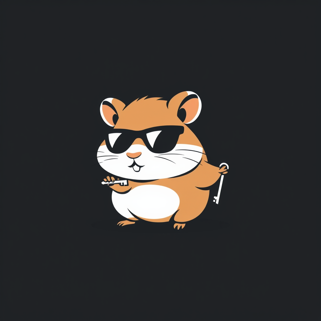 Minimalistic vector art logo of a hamster wearing dark glasses and holding a key in its hand, on a dark background, featuring bold lines, simple shapes, and a strong silhouette. - Image