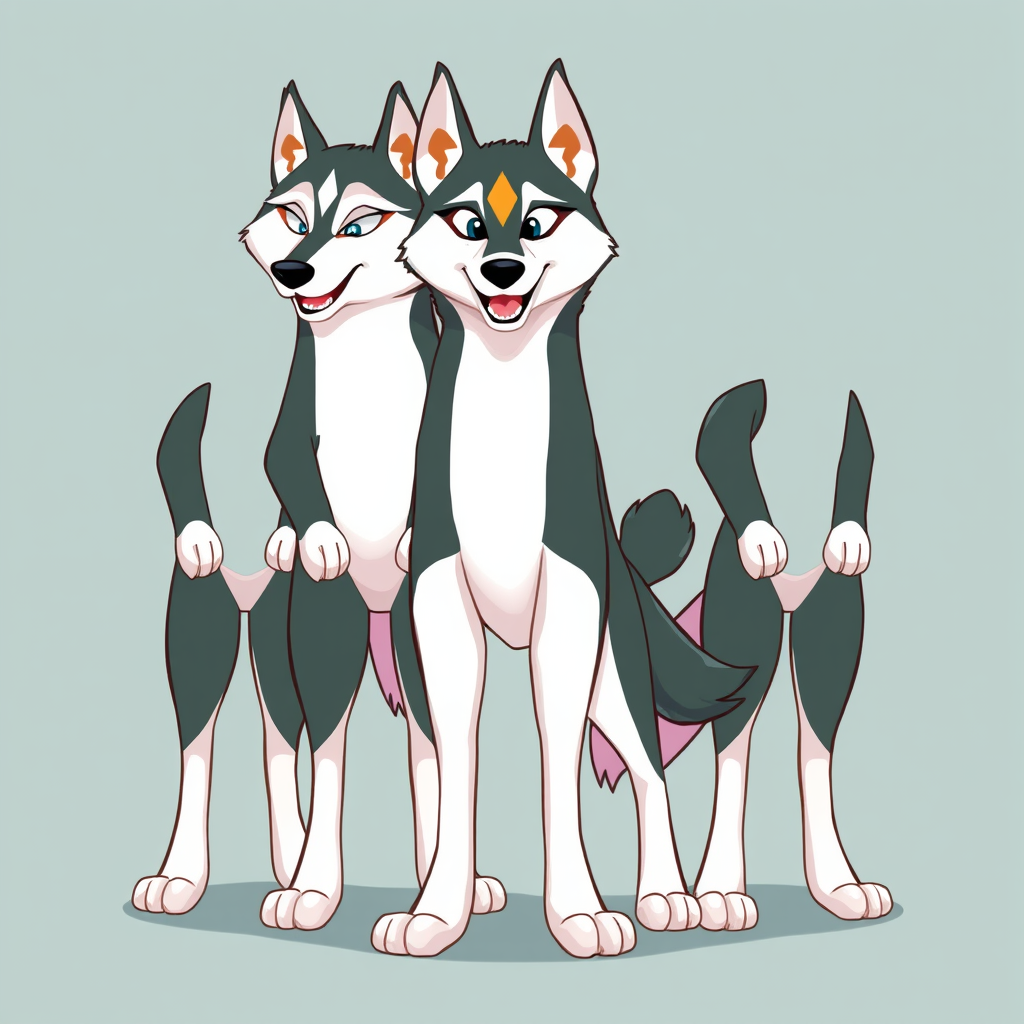 Species: Multiple cartoon fursona Huskies  
Body: Standing perfectly upright on two legs with full bodies  
Color Scheme: Darker fur areas colored in #06170e (very dark forest green)  
Lighter fur areas colored in clear white for the chest, muzzle, forearms, and tail tip  
White fur transitions from chest and forearms down the legs in a natural gradient or pattern, creating the appearance of white calves without directly modifying the body shape.  
Head: Golden brown diamond shape pattern on the forehead  
Legs: Digitigrade legs  
Face: Friendly and expressive  
Full body image. - Image