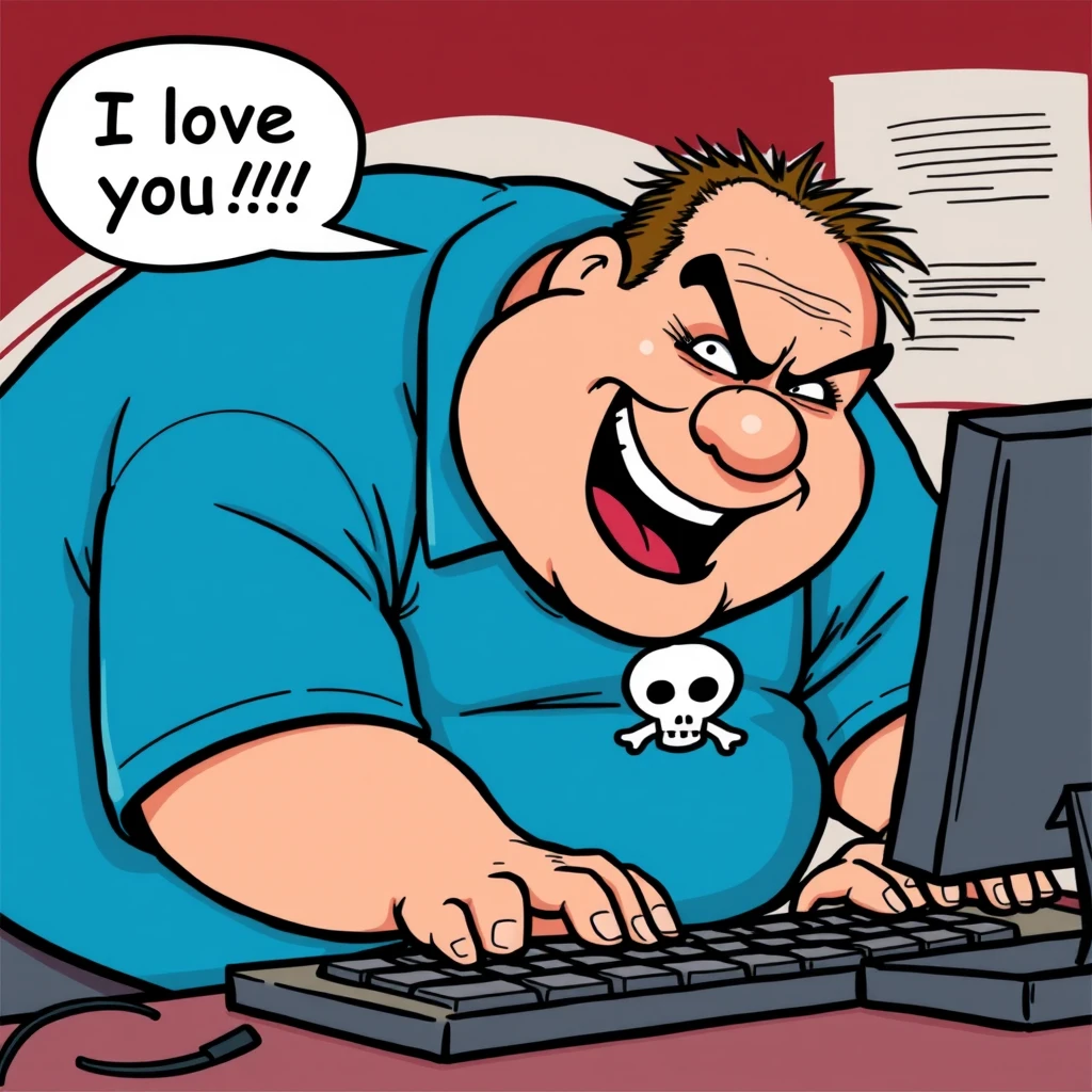 Cartoon of an overweight man wearing a blue shirt with a skull logo, hunched over a computer keyboard typing furiously. The man is smiling and has a crazed, frantic expression on his face. His mouth is open. A speech bubble coming from the man reads "I love you !!!" - Image