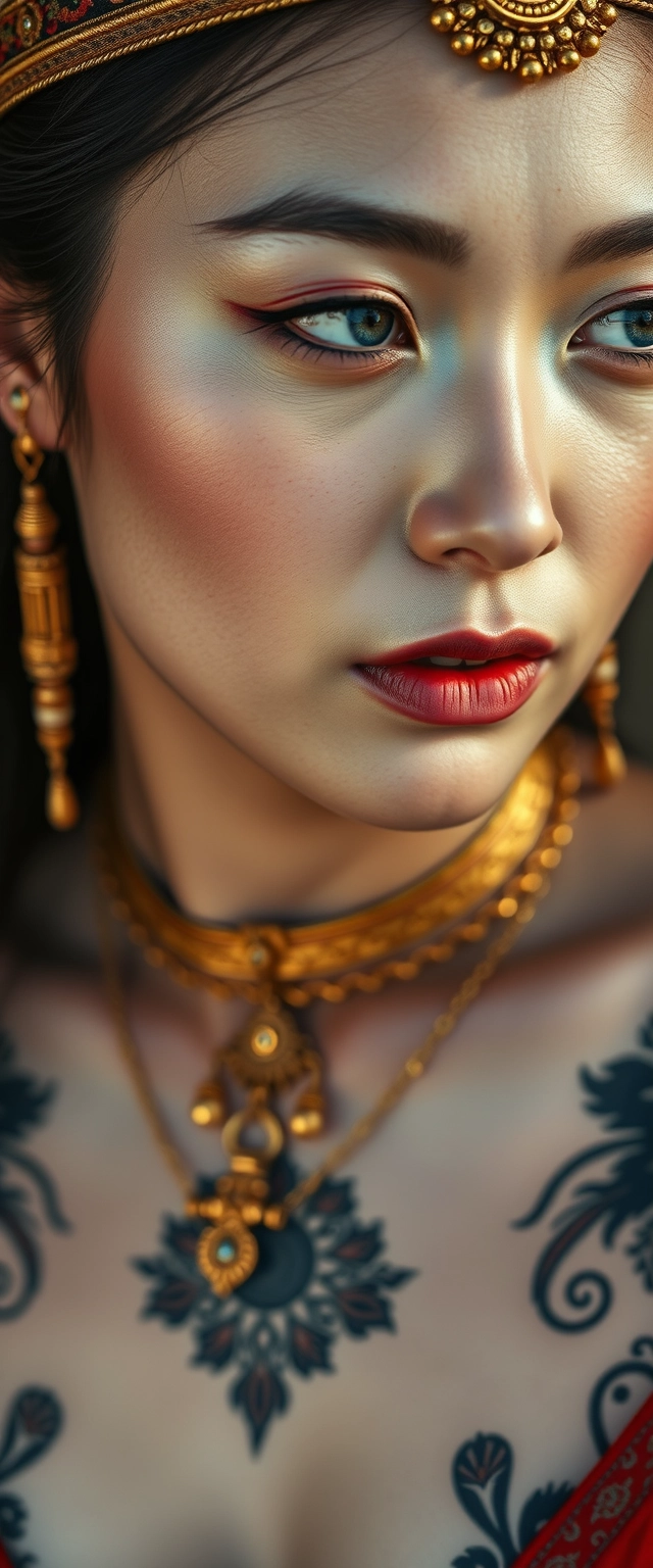 Close-up view of the tattooed chest of a Korean Indian woman with white skin and beautiful facial features, blue eyes, wearing gold ornaments and looking sideways. - Image