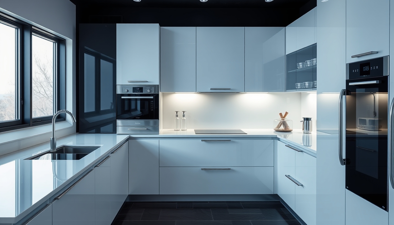 A sleek, modern kitchen with glass countertops and futuristic appliances.