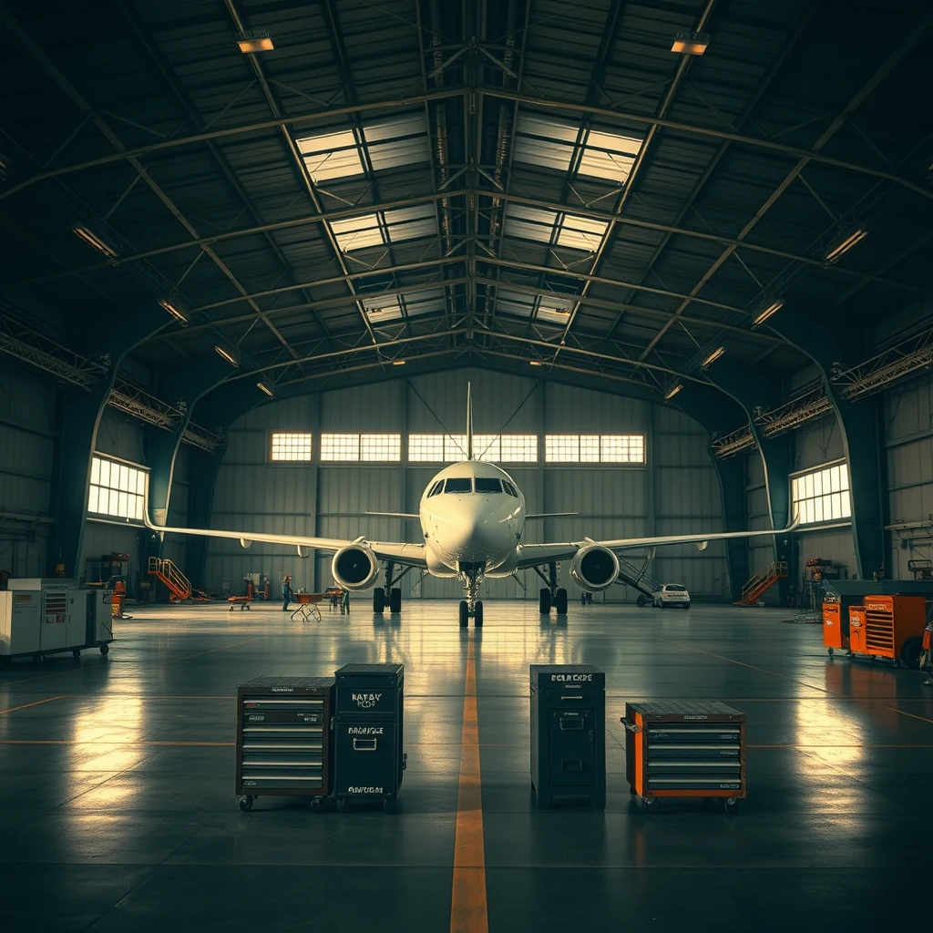 empty aircraft hangar interior environment tool boxes late afternoon atmospheric cinematic - airplane - Image