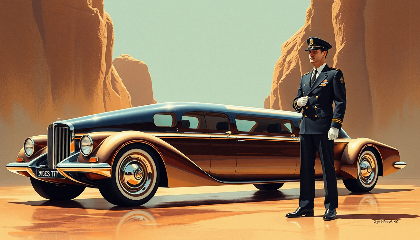 A futuristic exotic limo concept, a painting by Syd Mead, 4k, a uniformed chauffeur stands at attention, detailed, circa 1972.