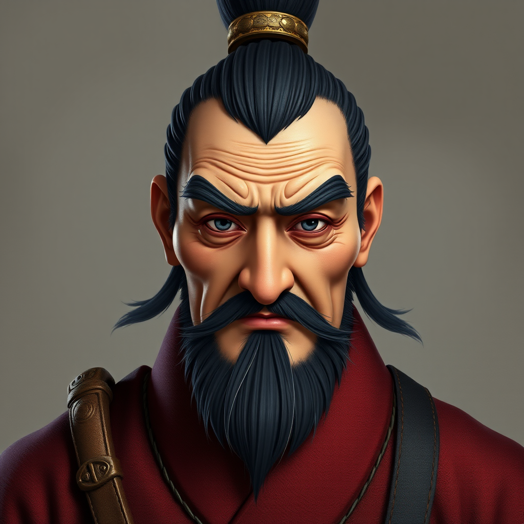 Cao Cao's appearance is about 1.55 meters tall, with scattered eyebrows, a prominent nose bridge, and a forehead that tilts slightly. He looks somewhat cunning yet has a touch of kindness. Overall, his appearance is not particularly ugly, but rather peculiar. Please express this with a realistic photograph.