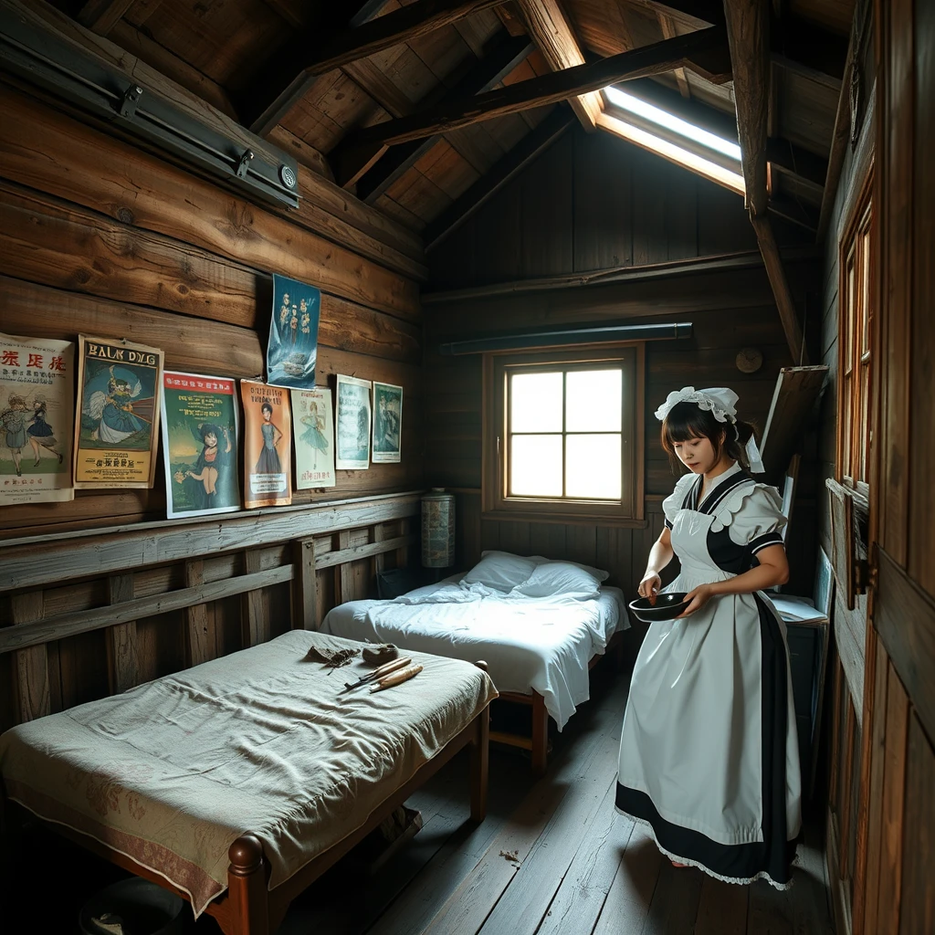 In a dilapidated wooden cabin, there is a bed, and one wall of the room has several posters on it. The cabin is very large, and a young Japanese woman in a maid outfit is cooking in the room. Note that the cabin has a window. - Image