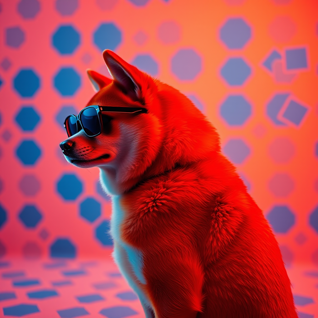 A monochrome photo in orange and blue, showcasing a side profile of a Shiba Inu from head to toe, wearing sunglasses with metallic corners, in a low-key, conservative, modern, hexagonal fashion print. The Shiba Inu is facing forward, looking at the camera, with a style of high fashion photography featuring hexagonal patterns, and the background and studio lighting are aesthetically pleasing. The atmosphere is avant-garde and futuristic. 32K ultra HD. - Image