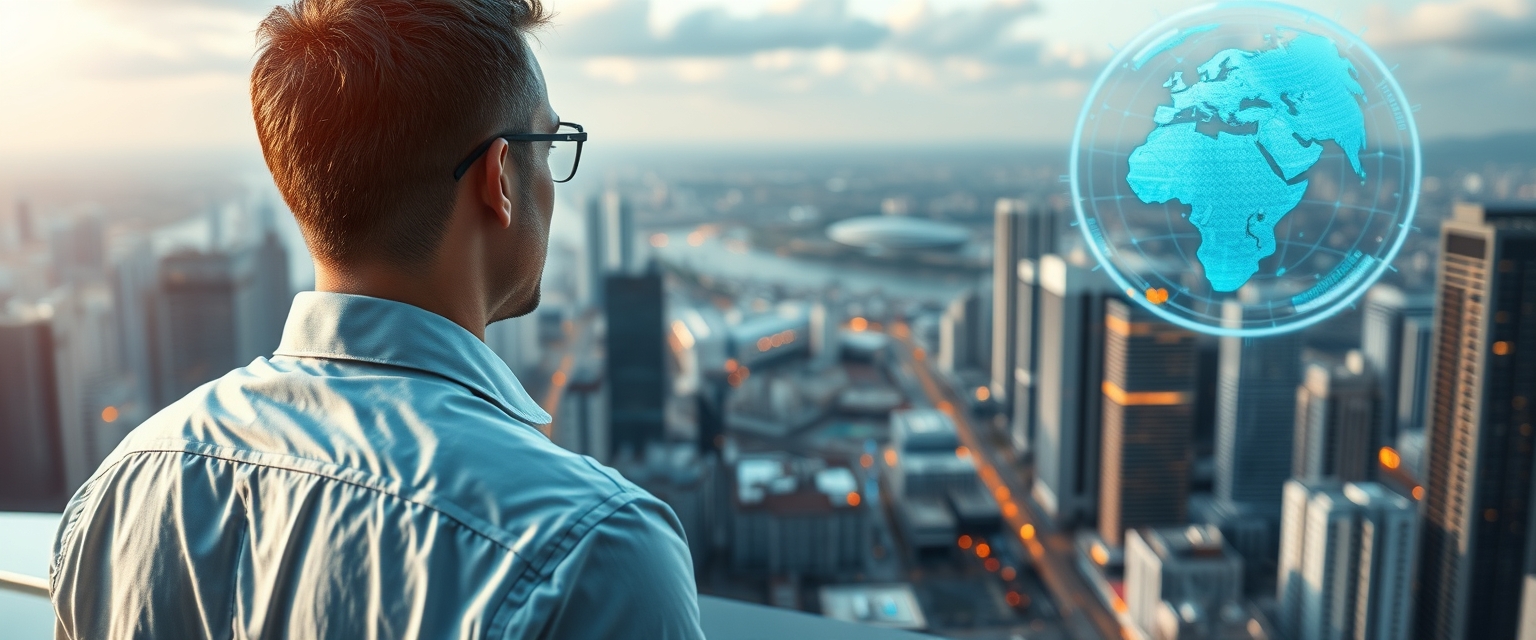 Futuristic Businessman Overlooking Cityscape with Digital Globe Hologram in Background - Image