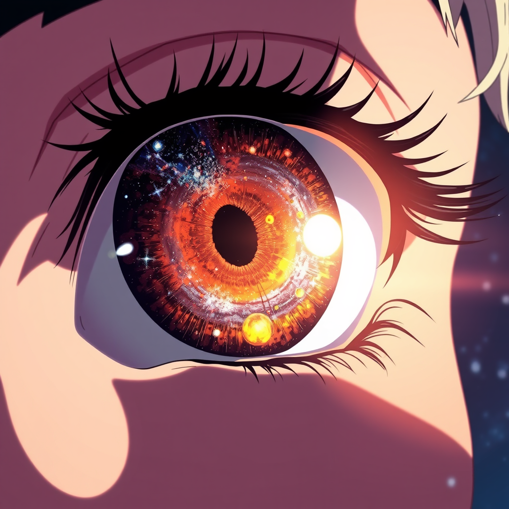 Anime sci-fi close-up of an eye with the universe in it, detailed, Toriyama, Miyazaki. - Image