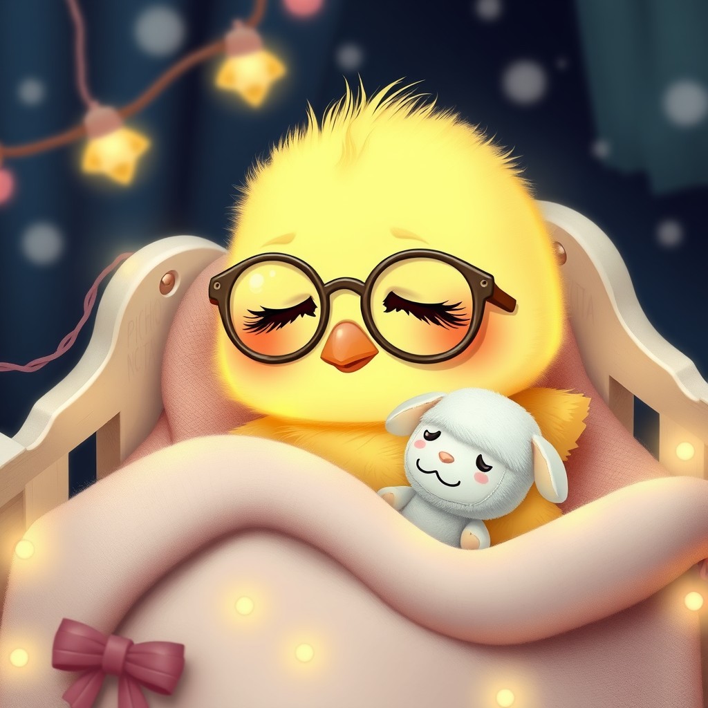 It's night. A sweet, delicate little kawaii chick with a small, round beak is wearing glasses and is deeply asleep in its precious little bed with tiny jingling bells, soft lights, and childlike details that have the name PICHONCITA written on them, cuddled up with a tiny, cute stuffed sheep. - Image