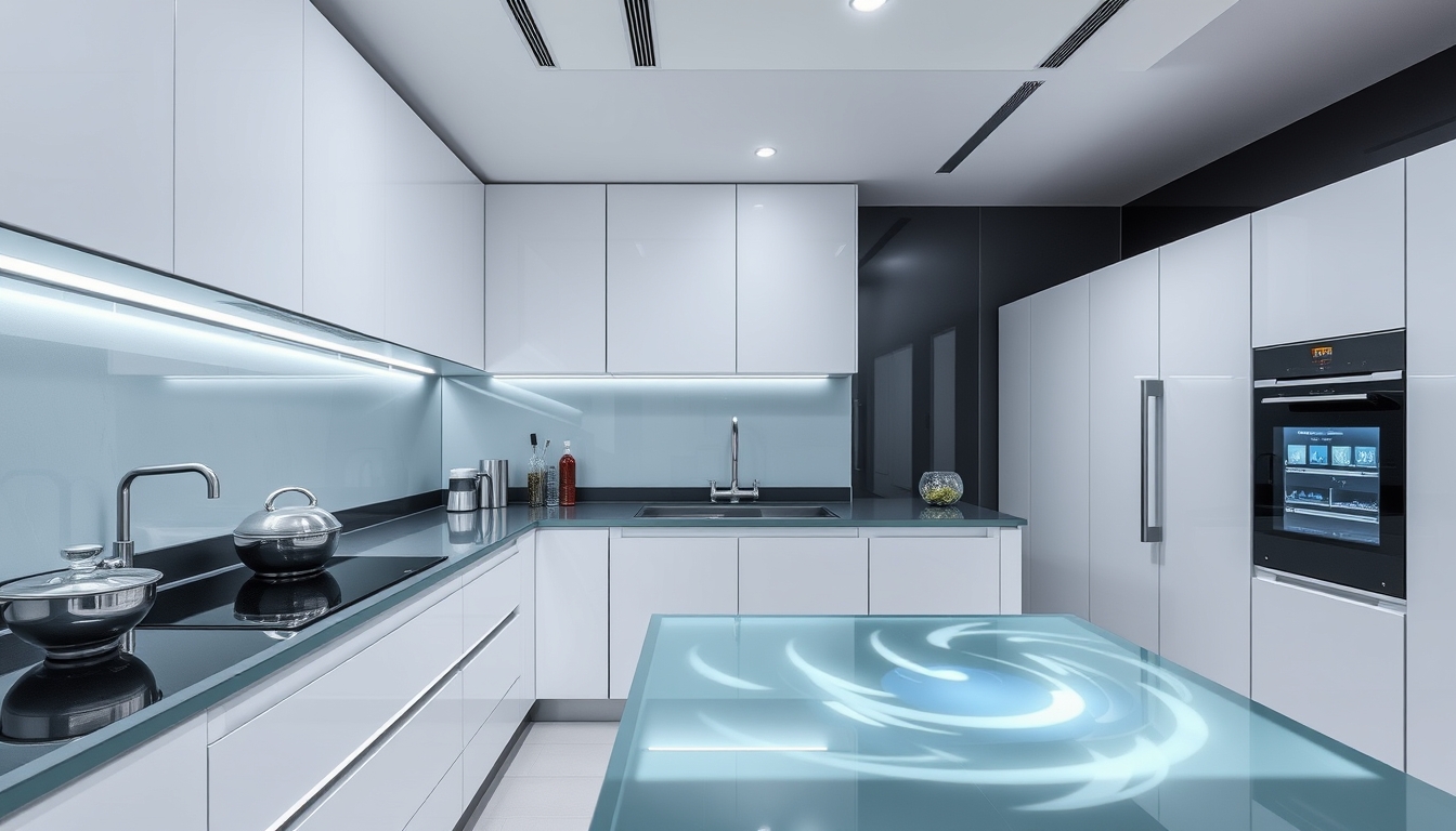 A sleek, modern kitchen with glass countertops and futuristic appliances.