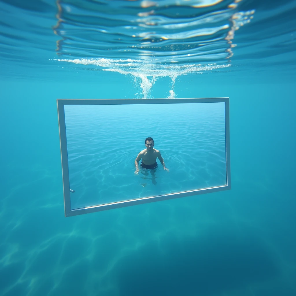 There is a large rectangular mirror in the water, and a person is looking in the mirror underwater. The mirror is big enough to see their whole body.