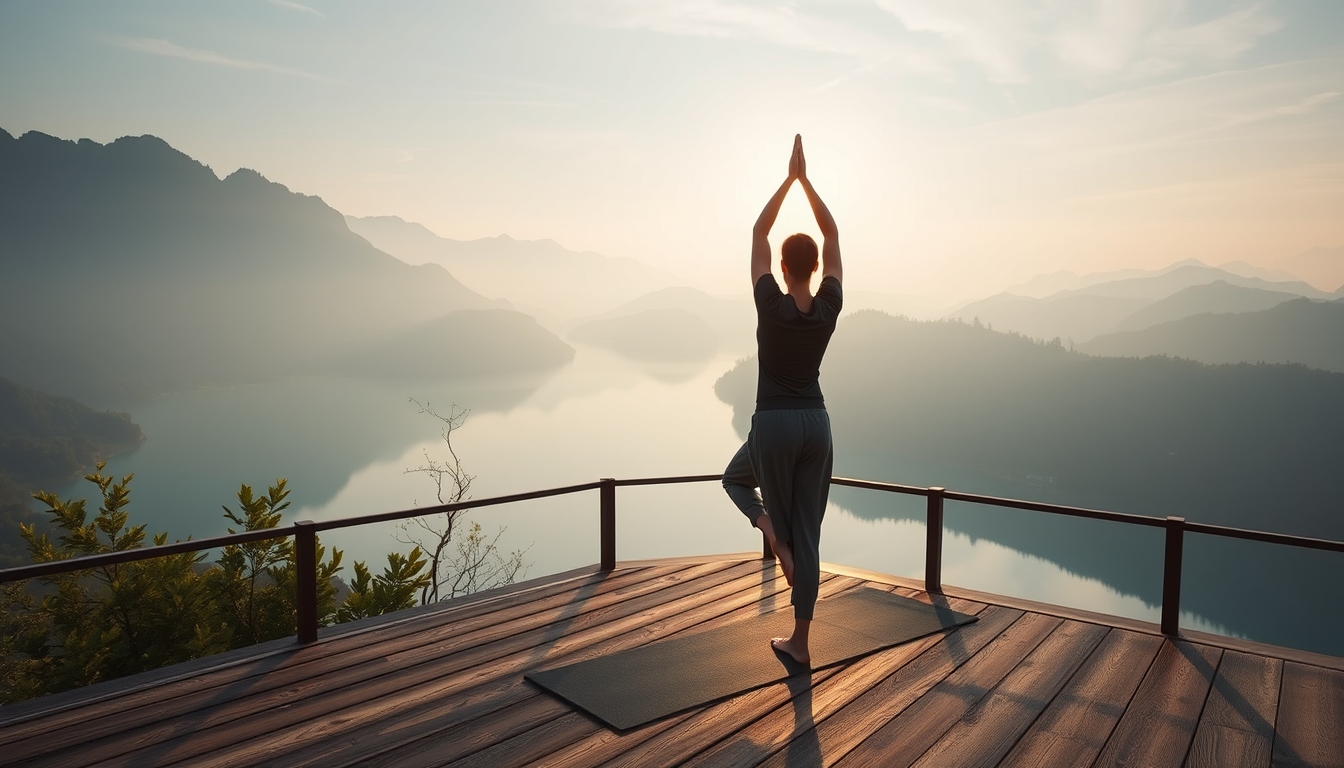 A serene landscape featuring a yoga practitioner on a wooden deck overlooking a tranquil lake, surrounded by misty mountains at sunrise.