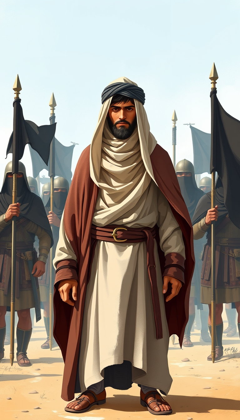 Vector of a young Muslim commander wearing modest biblical cloak-turban clothes, standing behind the great Muslim warriors with a leader expression. The medieval Muslim warriors are covering their faces, holding black banners, and guarding him in an open land. Soft shading, 2D style textures, airbrush shader.