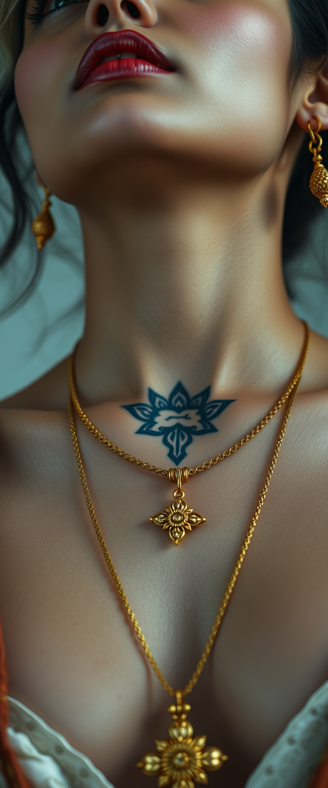 Close-up view of the chest and tattooed neck of a Korean-Indian woman with white skin, beautiful facial features, and blue eyes, wearing gold ornaments while looking upwards.