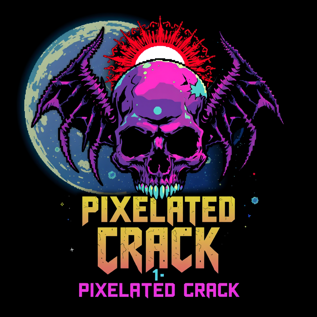 T-shirt design featuring a blocky colorful 8-bit style of death metal blended with chiptune. The visual should be unique and striking, yet macabre mixed with beauty, and the band name is "Pixelated Crack," inspired by a scene from space.