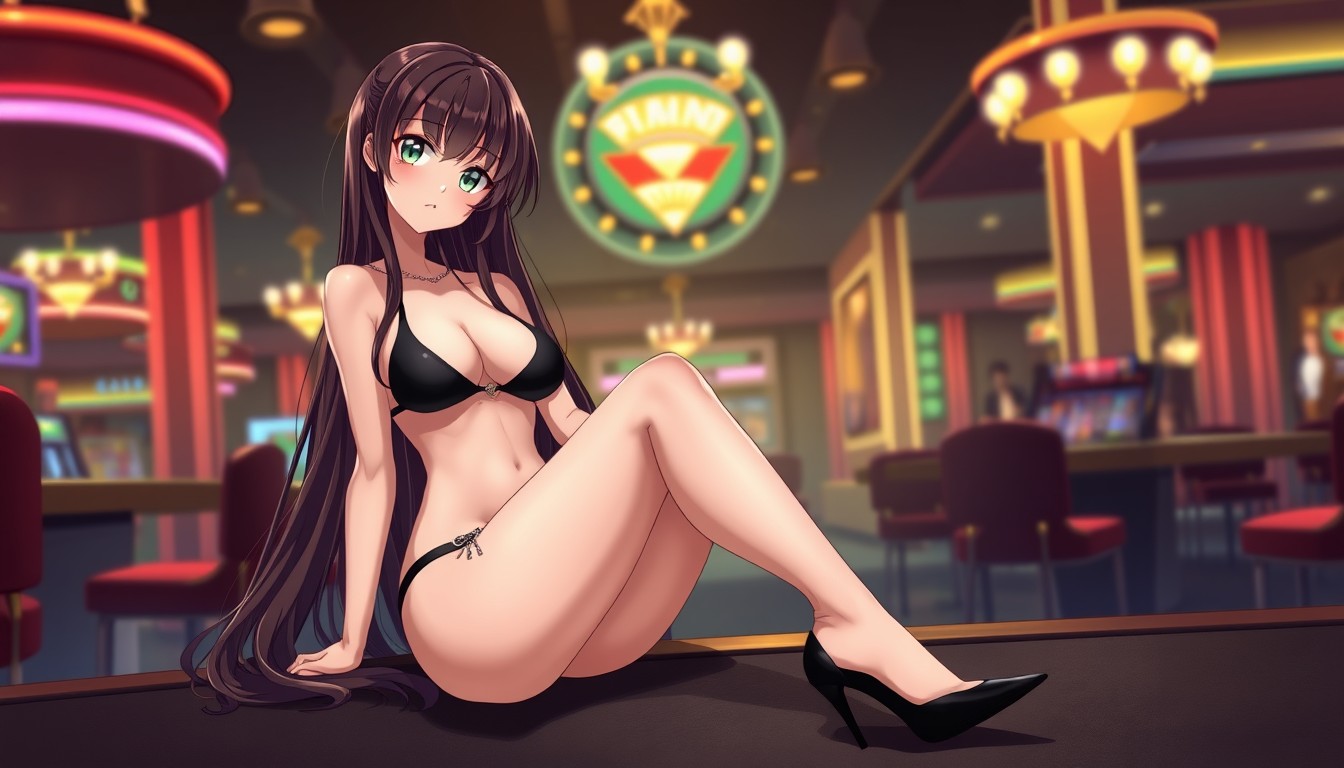 Anime style, a beautiful long-haired brunette girl wearing a black bikini, sitting cross-legged in high heels at a casino.