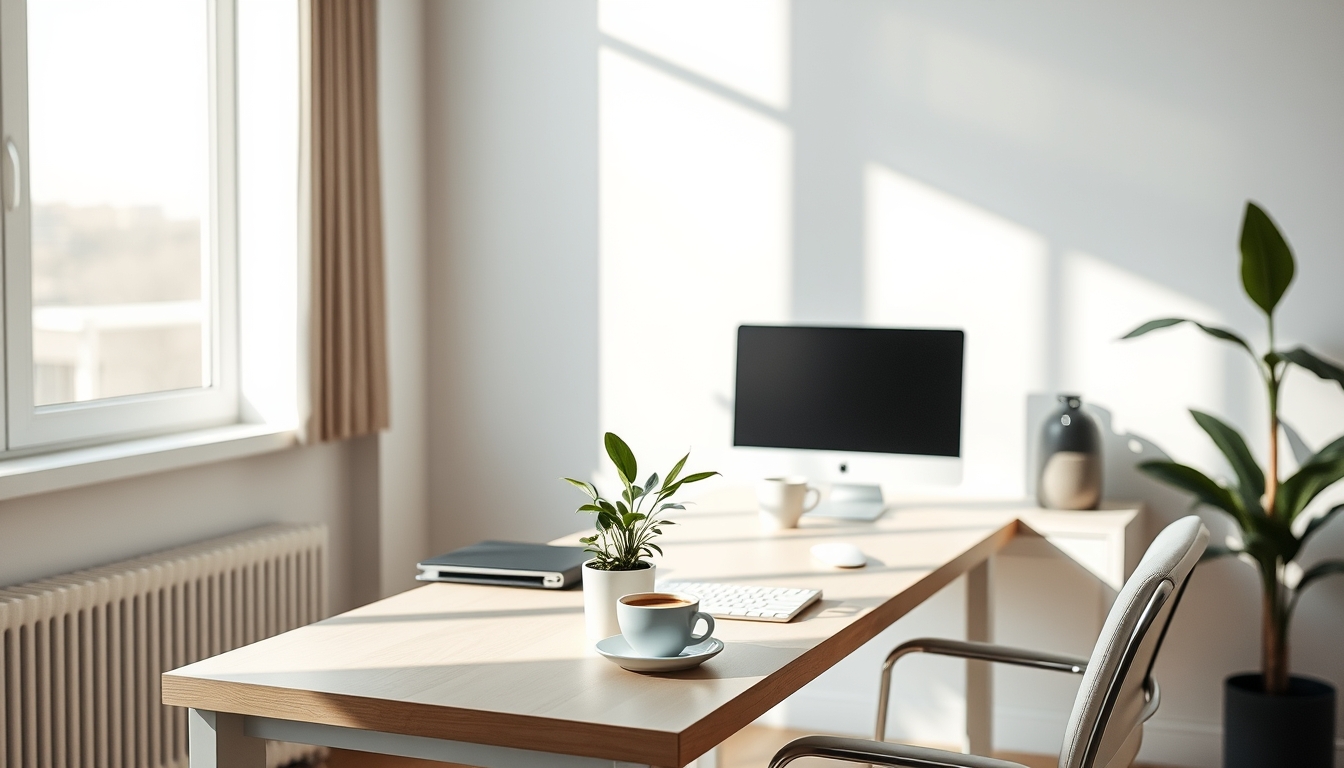 A sleek, modern home office setup bathed in natural light, with a single potted plant and a cup of coffee on the desk, emphasizing simplicity and productivity. - Image