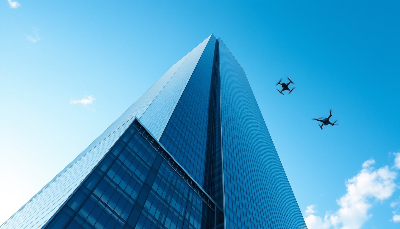 A towering skyscraper with sleek, reflective surfaces and innovative design elements, set against a clear blue sky with flying drones in the distance. - Image