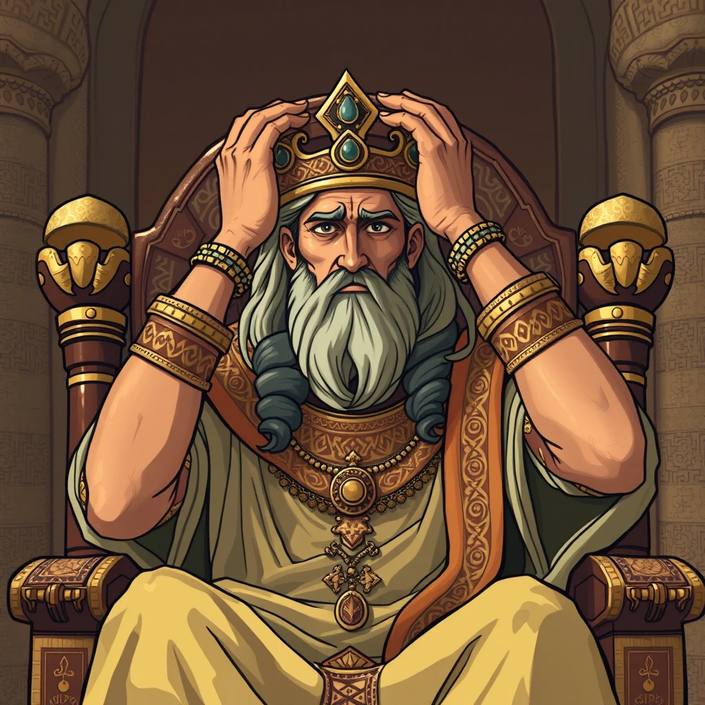 'A king from the ancient Middle East, sitting on a throne with a worried expression, dressed in splendid clothing, holding his head with both hands.' - Image