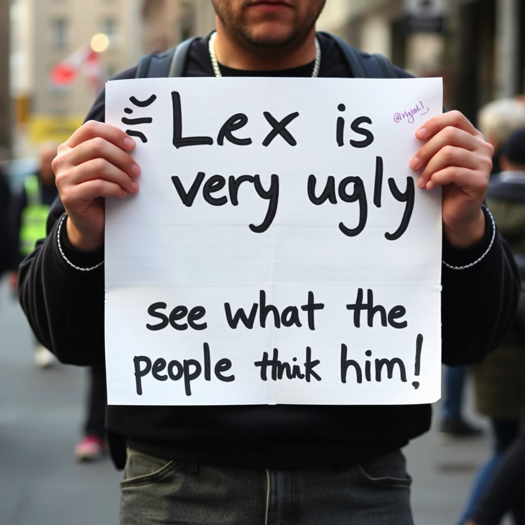 "Person with a sign written: Álex is very ugly, see what the people think of him!" - Image